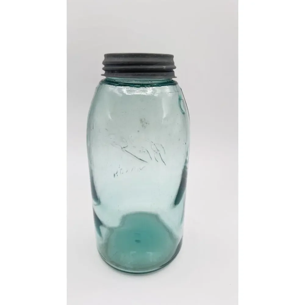 Vintage Ball Mason Jar Aqua Blue Glass Zinc Lid Early 1900s Lots of Bubbles RARE